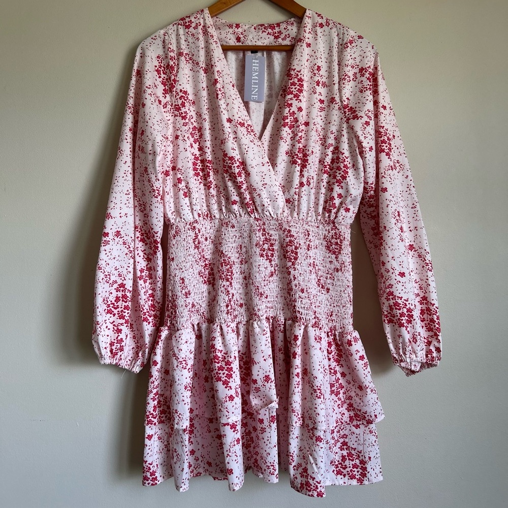 Hemline Boutique NWT Large Red Floral Print Ruffle Long Sleeve V-Neck Dress!